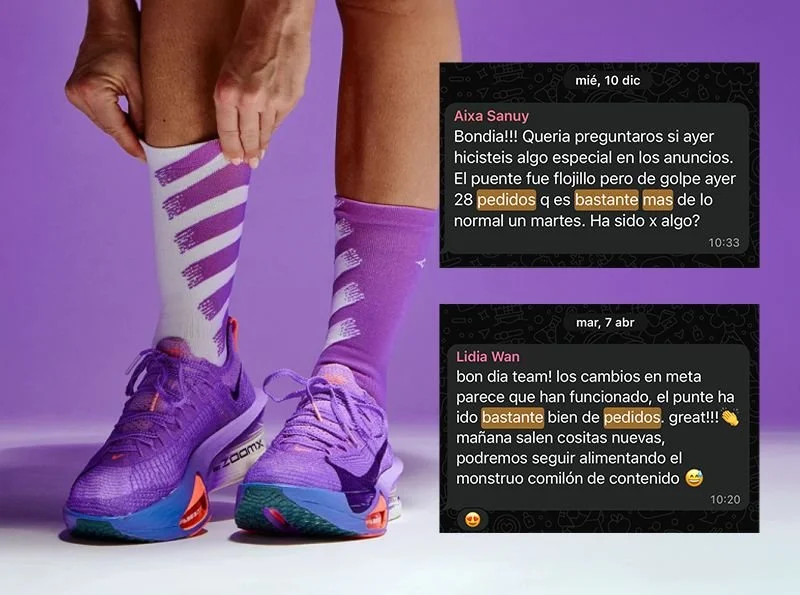 Piernas con calcetines deportivos morados y zapatillas de running, junto a mensajes de las fundadoras