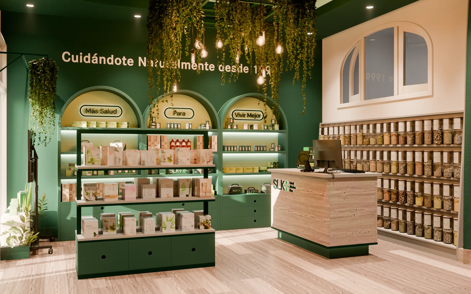 Interior de la tienda insignia de Salud Alkalina, con estantes verdes y blancos